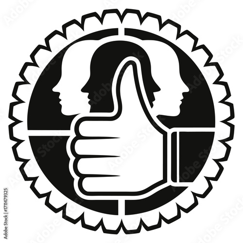 Thumbs up icon with multiple silhouetted heads representing approval and success stakeholder icon