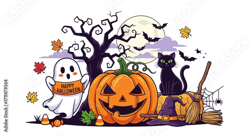Spooky yet friendly Halloween scene with a grinning pumpkin, a cute ghost, and a black cat.