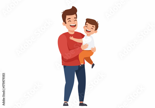A happy father holds his smiling son in his arms, both laughing with joy and affection.