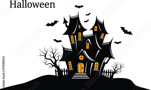 Haunted house with bats for halloween spooky and scary mansion with ghosts and monsters at night