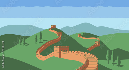 Great Wall of China Illustration Depicting Historical Landmark, Cultural Heritage, and Travel Destination For Tourism and Education Projects.