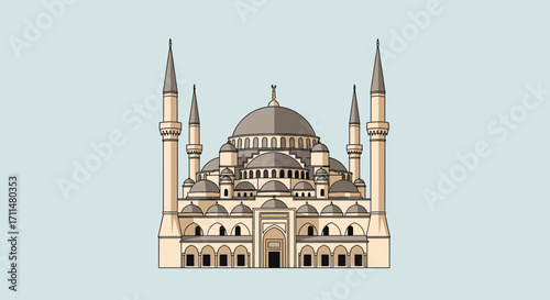 Minimalist Illustration of a Grand Mosque with Architectural Details for Travel Guides and Cultural Heritage Projects.