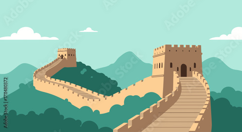 Majestic Great Wall of China Illustration for Travel Brochures, Historical Articles, and Educational Materials. Showcase the iconic landmark's architectural grandeur.