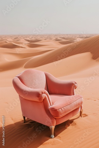 Pink armchair in the vast desert dunes