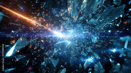 Shattered glass explosion dynamic blue light energy abstract sharp chaos dramatic futuristic intense motion glowing impact