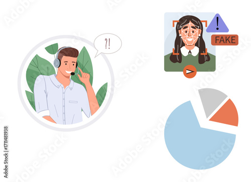 Customer support representative puzzled during a call, deepfake detected on video with warning prompts, pie chart visualizing data insights. Ideal for tech, fraud detection, AI ethics, cybercrime