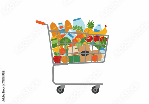 A shopping cart filled with various groceries including fruits, vegetables, bread, and packaged goods, isolated on a white background.