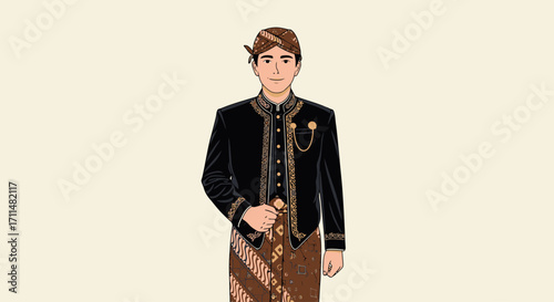 Javanese Traditional Wedding Attire Illustration Featuring a Groom in Beskap and Batik, Ideal for Cultural Events and Heritage Celebrations