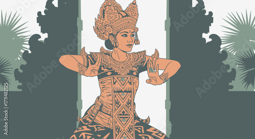 Balinese Dancer Illustration Showcasing Traditional Costume and Pose, Ideal for Cultural Tourism Promotions and Artistic Heritage Preservation Projects.