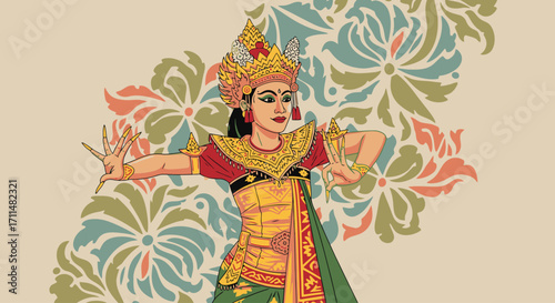 Elegant depiction of a Balinese dancer in traditional attire performing a cultural dance. Ideal for illustrating cultural events, tourism, or artistic expression.