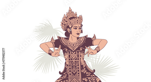 Elegant Balinese Dancer Illustration Displaying Traditional Costume and Gestures for Cultural Event Posters and Southeast Asian Tourism Promotion