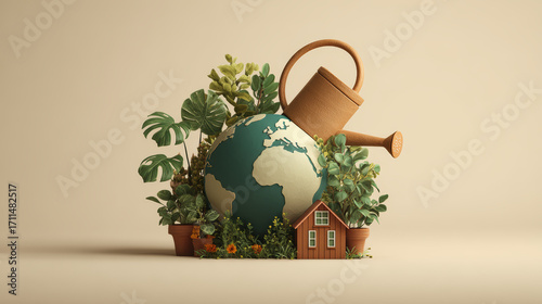 Eco friendly sustainability earth watering can house green plant nature environment growth conservation