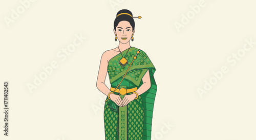 Elegant Thai Woman in Traditional Green Dress Illustration for Cultural Events, Tourism Promotion, and Educational Resources on Southeast Asian Heritage