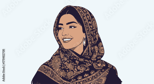 Smiling Woman in Traditional Headscarf Illustration for Cultural Representation and Diversity Projects, Ideal for Promoting Global Awareness and Inclusive Narratives