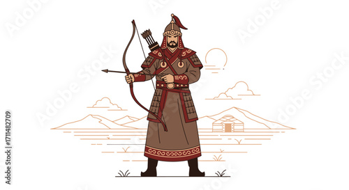 Mongolian Warrior Illustration: A Noble Archer Standing Proudly in Traditional Armor Ready for Battle, Ideal for Historical and Cultural Projects