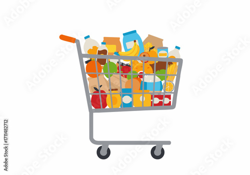 Shopping Cart Full of Groceries Vector Flat 2D Illustration