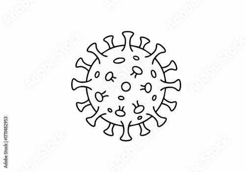 Simple black and white line drawing of a coronavirus cell with spikes on a plain white background.
