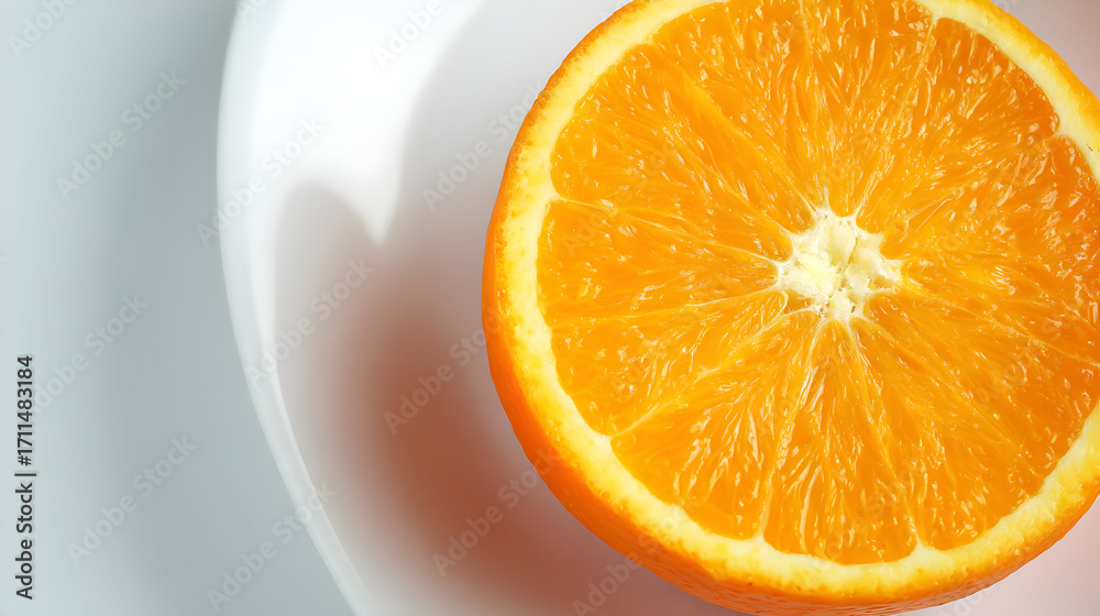 Fototapeta premium orange on white plate with minimal styling and overhead top view
