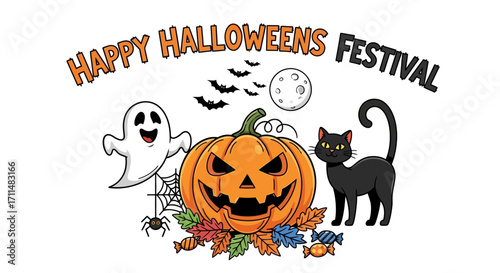Spooky Halloween festival with a grinning pumpkin, friendly ghost, black cat, and flying bats.