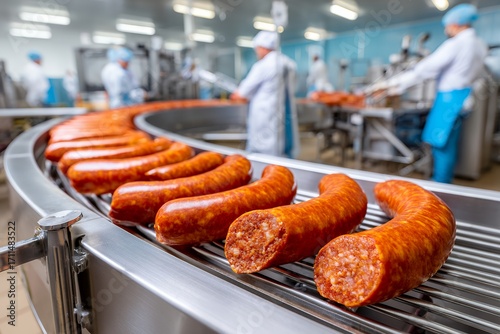Sausage production line in industrial food processing facility