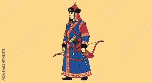 Mongolian Warrior Illustration in Traditional Clothing with Bow and Arrow, Ideal for Historical Studies, Cultural Presentations, and Educational Resources