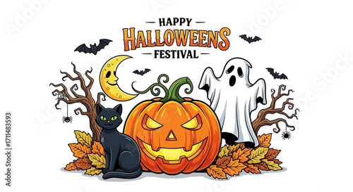 Spooky Halloween scene with a carved pumpkin, friendly ghost, black cat, and crescent moon under a night sky.