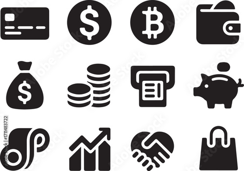 Finance icons: coins, credit card, wallet, piggy bank
