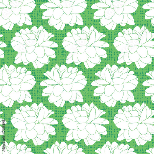 Vector Jasminum sambac or Arabian Jasmine flower seamless repeat pattern with green canvas background patgen5. Suitable for textile, wallpaper and gift wrap.