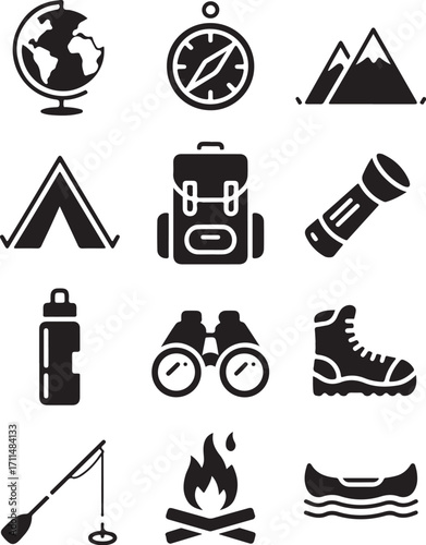 Outdoor adventure with camping and hiking icons