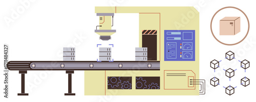 Robotic system packaging boxes on a conveyor belt with gears and tech controls. Ideal for technology, manufacturing, automation, industry, logistics, distribution, production. Simple flat metaphor