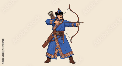 Mongolian Warrior Illustration Aiming Bow and Arrow with Traditional Clothing for Historical Reenactments and Cultural Education