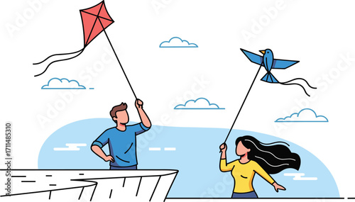 Happy couple flying colorful kites together outdoors, enjoying windy day sky, fun recreation, leisure activity, blue clouds background, freedom, happiness