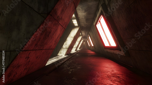 Red Lit Futuristic Corridor 3D Render