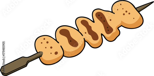 A cartoon illustration of a skewer with several pieces of grilled food on it, against a white background.