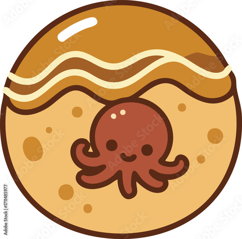 Cartoon takoyaki with octopus, sauce and mayonnaise.