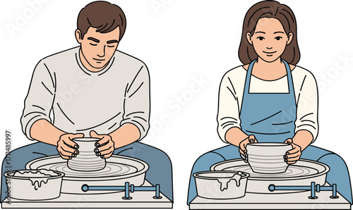 Pottery making, ceramic art, clay shaping, pottery wheel, artisan hands, creative process, handmade bowl, craft studio, sculpting, teamwork, concentration
