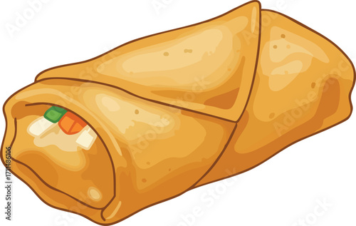 An illustration of a crispy, golden-brown fried egg roll, revealing a colorful vegetable filling.