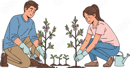 Gardening, teamwork, planting, nature, outdoor activity, spring garden, eco-friendly, flowers, soil, gloves, trowel, watering, environment, lifestyle, hobby, couple, care, sustainability,