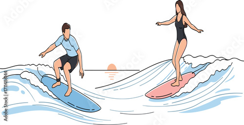 Surfing, ocean, waves, sunrise, sunset, beach, sport, adventure, balance, motion, sea, surfboard, water, freedom, lifestyle, thrill, horizon, athletic, summer, recreation