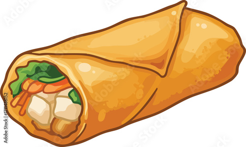 A close-up illustration of a crispy, golden-brown spring roll, showcasing its delicious filling.