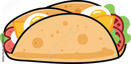 Cartoon illustration of two soft tacos filled with eggs, cheese, lettuce, and tomatoes, depicted in a simple graphic style.