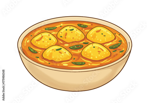 Authentic Rajasthan gatte ki sabzi, a delectable traditional Indian curry, vibrantly presented in a bowl as a clean flat 2D vector illustration on a pure white background.