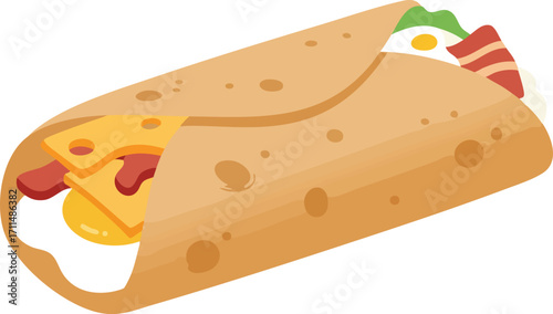 A breakfast burrito, filled with eggs, cheese, bacon, and lettuce, wrapped in a tortilla.