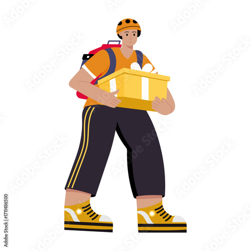 A flat style illustration showing a character holding a donation box 
