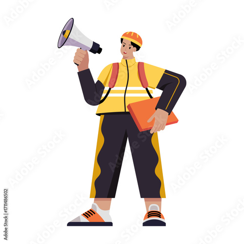 Flat illustration showing a character doing community awareness work 
