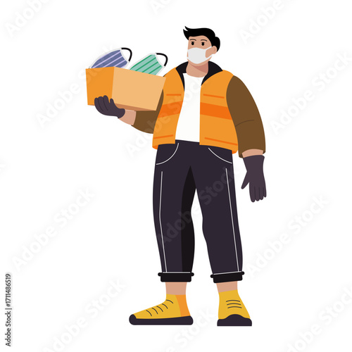 Flat style illustration depicting a mask distribution character 
