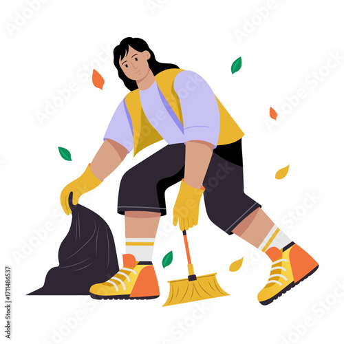 A flat illustration showing a character doing park cleanup work 
