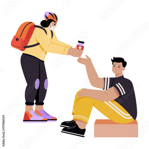 A flat style illustration showing a character giving medical aid 
