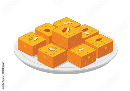 A delicious traditional Rajasthan mohanthal sweet, presented as a vibrant flat 2D vector illustration on a clean white background, perfect for Indian cuisine and dessert themes.