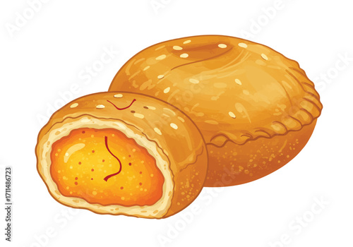 Flat 2D vector illustration of a traditional Rajasthan mawa kachori sweet snack, a golden fried pastry filled with mawa, elegantly presented on a clean white background.